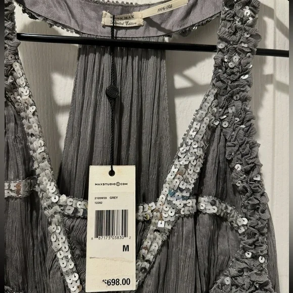 NWT Leon Max for Max Studio Ethereal Gauzy Gown Embellished Bodice Sweep Train